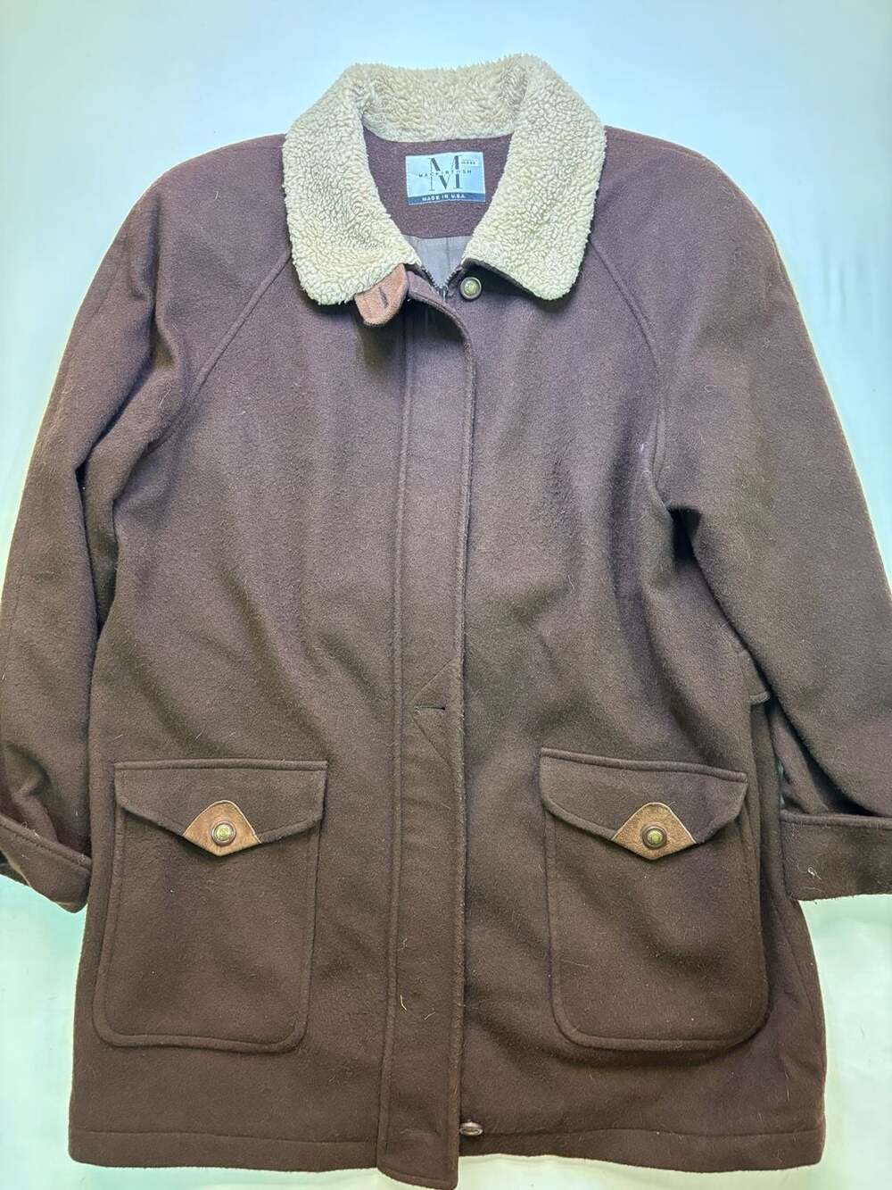 Mackintosh Wool Sherpa Trim Coat Brown Vintage USA Made